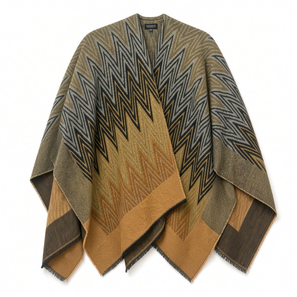 Chaps Chevron Knit Poncho in Mustard, Olive & Gray